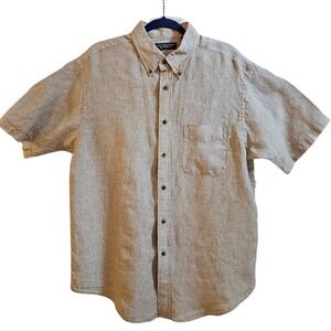 Roundtree & Yorke Mens Large 100% Linen Short Sleeve Button Down Shirt Tan Brown